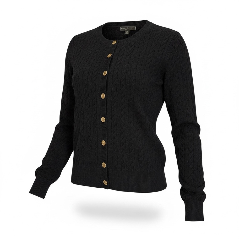 Women's Karen Scott Petites Black Cable Knit Cardigan Sweater Size PM